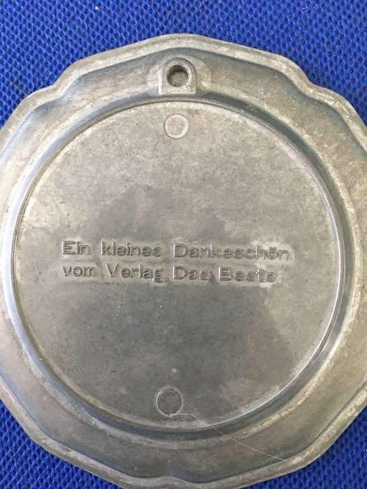 VINTAGE TO ANTIQUE COASTER PEWTER AND ENAMEL OR SMALL WALL HANGING