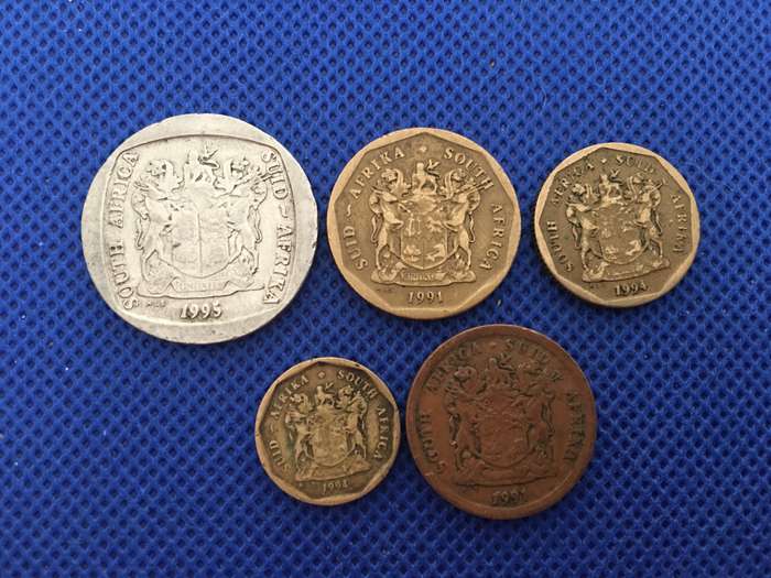 SOUTH AFRICA LOT OF 5 COINS (4)  R5 - 50c 5c 20c 10c