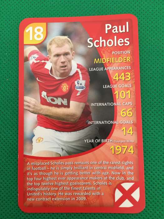 TOP TRUMPS TRADING CARD- MANCHESTER UNITED - SOCCER CARD - NO. 18 - PAUL SCHOLES