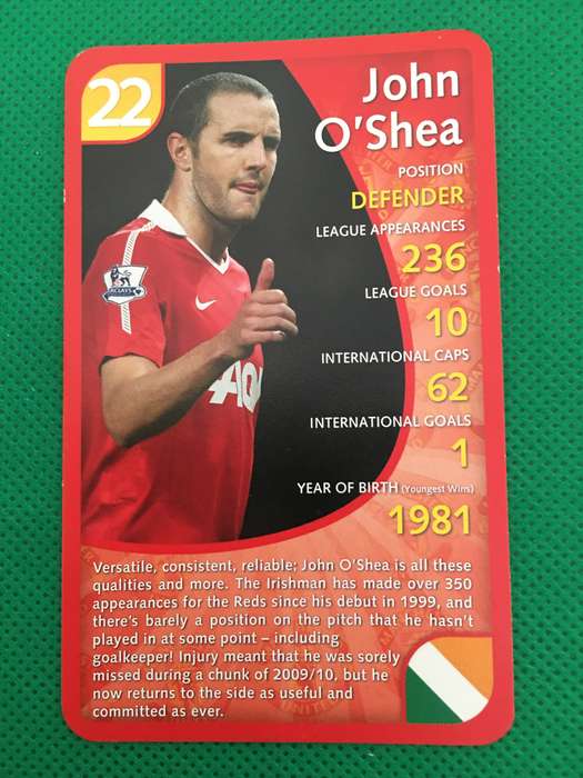 TOPP TRUMPS TRADING CARD - MANCHESTER UNITED - 2011 - NO. 22 - JOHN O'' SHEA
