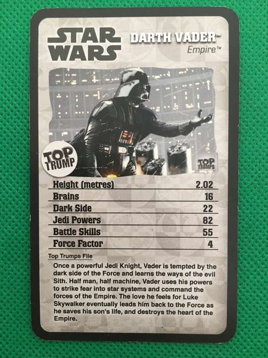 TOP TRUMPS EPISODE  - IV - VI - STAR WARS  TRADING CARD - DARTH VADER