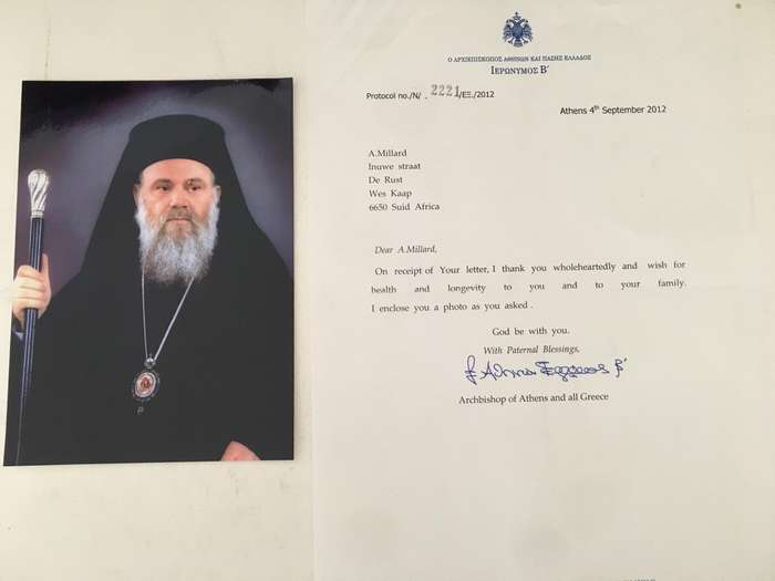 AUTOGRAPHED SIGNED - ARCHBISHOP OF ATHENS AND ALL GREECE AND LETTER
