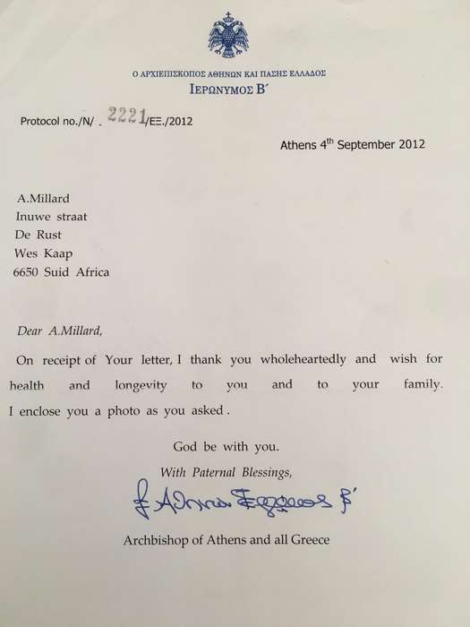 AUTOGRAPHED SIGNED - ARCHBISHOP OF ATHENS AND ALL GREECE AND LETTER
