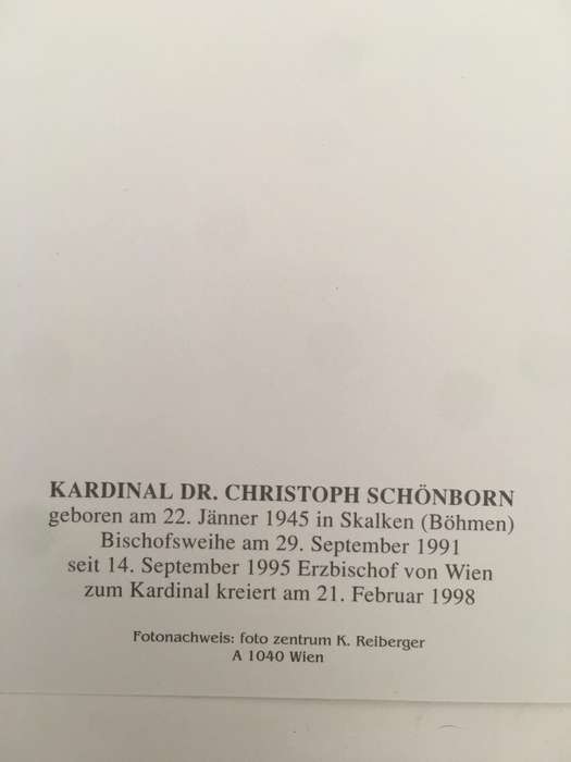 AUTOGRAPHED / SIGNED - HIS HOLINESS - CARDINAL DR. CHRISTOPH SCHONBORN AND PRAYER CARD