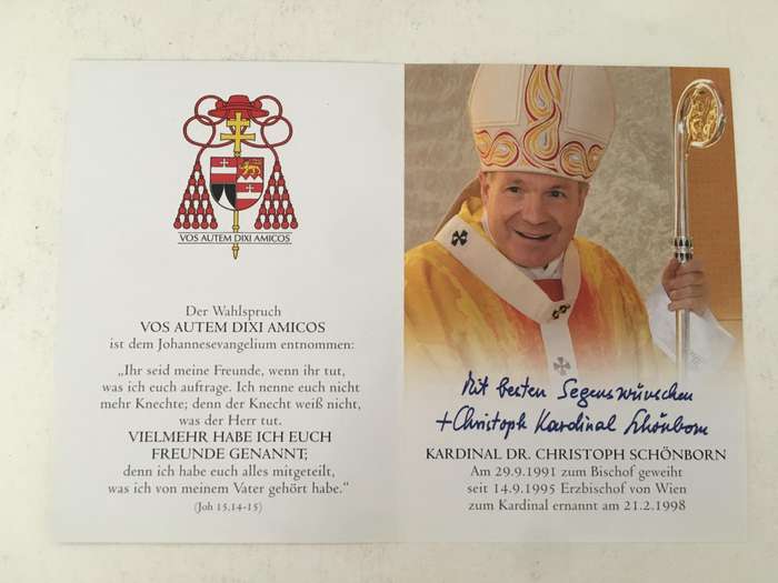 AUTOGRAPHED / SIGNED - HIS HOLINESS - CARDINAL DR. CHRISTOPH SCHONBORN AND PRAYER CARD