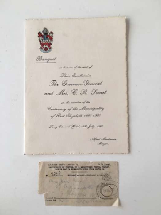 VINTAGE MENU BANQUET  - THE GOVERNOR GENERAL AND FPRMER PRESIDENT SWART AND RECEIPT  1960