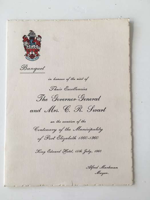 VINTAGE MENU BANQUET  - THE GOVERNOR GENERAL AND FPRMER PRESIDENT SWART AND RECEIPT  1960