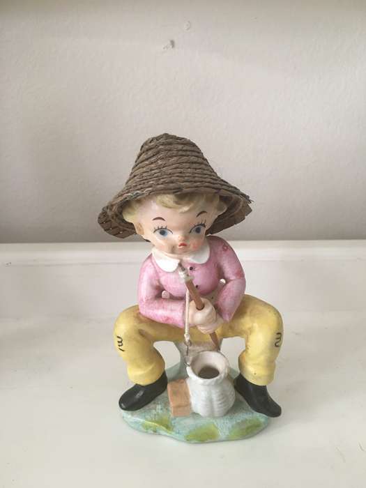 VINTAGE CAPRI SMALL BOY FISHING CERAMIC FIGURE - HAND PAINTED