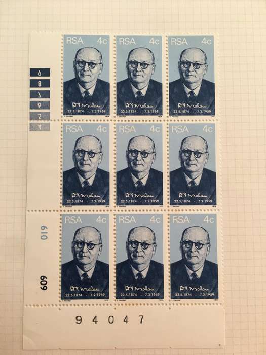 SOUTH AFRICA  4c BLOCK OF UNUSED DF MALAN STAMPS