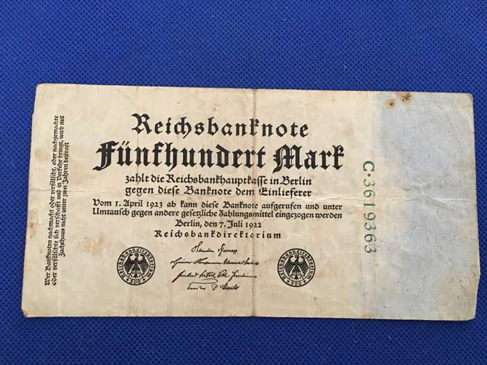 GERMANY REICH NOTE FUNFHUNDERT MARK -1922 - SERIAL NUMBER C. 3619363
