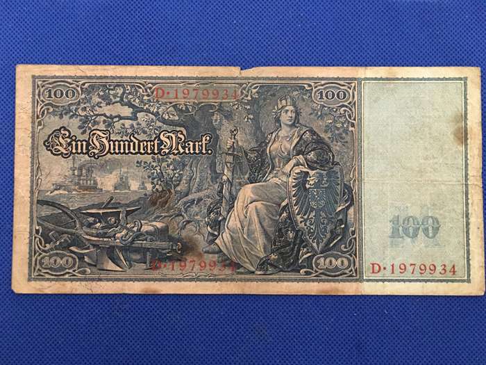 GERMANY ANTIQUE  BANK NOTE 100 MARK - 1910 - SEREAL NUMBER - D. 1979934