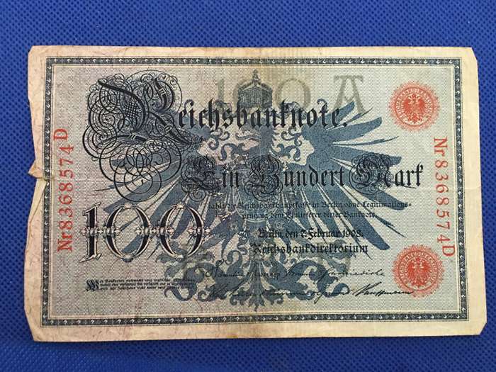 GERMANY ANTIQUE BANK NOTE 100 MARK - 1908 - RED SERIAL NUMBER - NR 8368574 D