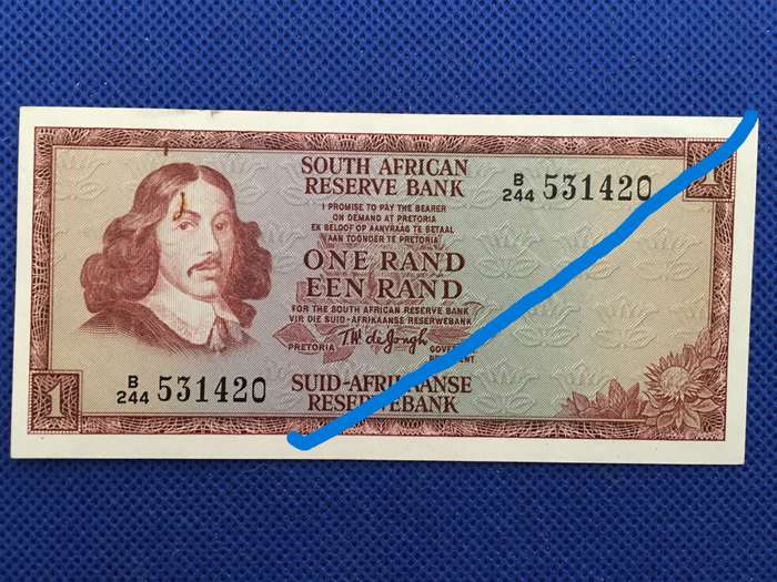 SOUTH AFRICA ONE RAND BANK NOTE  TW DE JONGH  SEREAL NUMBER - B 244 531220 - BOKKIE WATER MARK