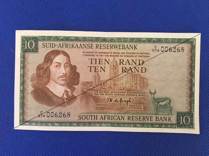 SOUTH AFRICA TEN RAND BANK NOTE  - TW DE JONGH - SERIAL NUMBER - C 274 006268