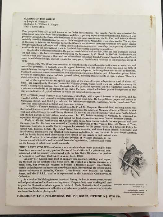 VINTAGE LARGE HEAVY BOOK - PARROTS OF THE WORLD - BY JOSEPH M. FORSHAW - 1977