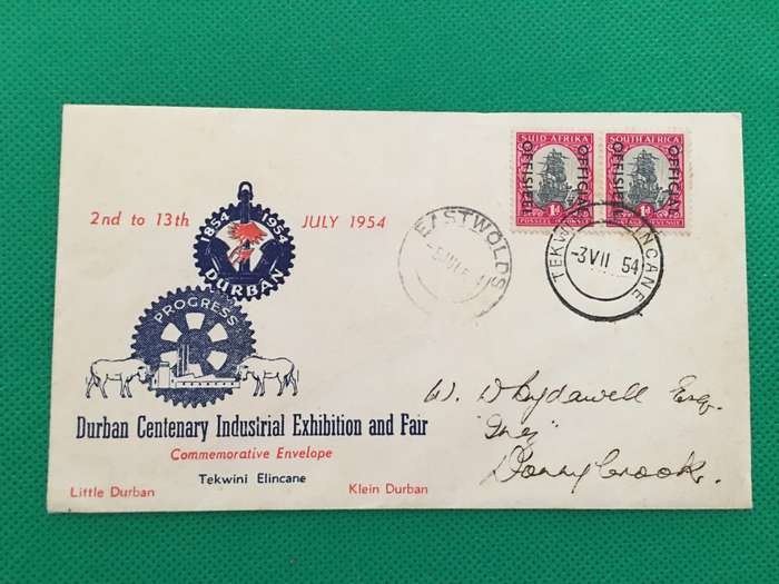 VINTAGE   FIRST DAY COVER DURBAN CENTENARY INDUSTRIAL - 1954