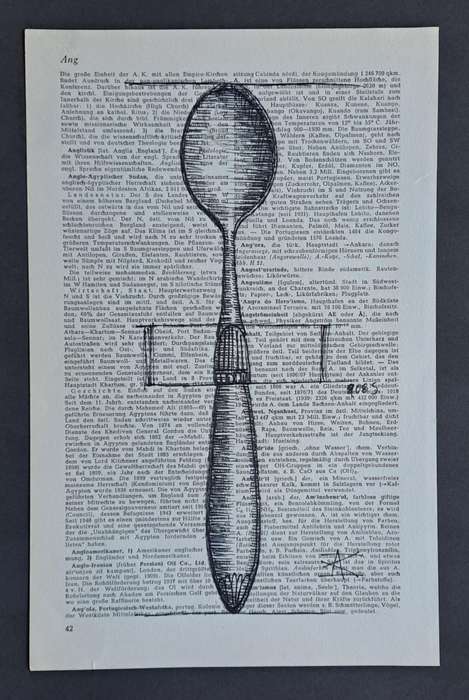 Fineliner Object Art Print on Vintage Dictionary Page (p42 - Teaspoon) (240mm x 160mm)