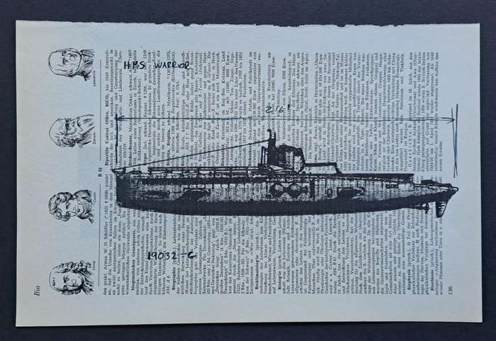 Fineliner Object Art Print on Vintage Dictionary Page (p136 - HMS Warrior Submarine) (240mm x 160mm)
