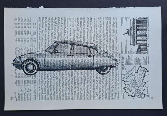 Fineliner Object Art Print on Vintage Dictionary Page (p122 - Citroen) (240mm x 160mm)