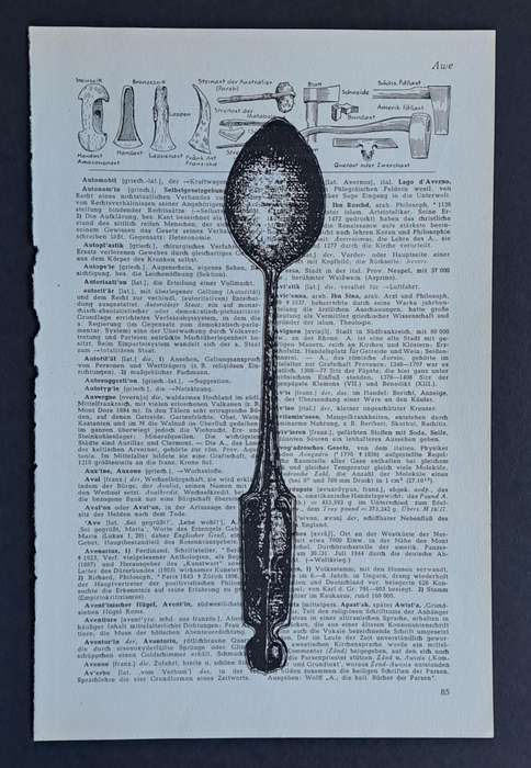 Fineliner Object Art Print on Vintage Dictionary Page (p85 - Teaspoon) (240mm x 160mm)