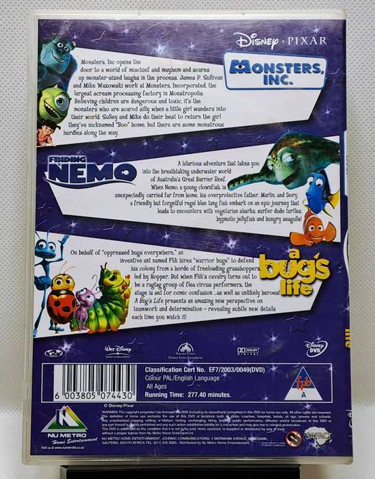 Disney Pixar 3 Disc Boxset (Monsters Inc (2001), Finding Nemo (2003) & A Bugs Life (1998)) - DVD