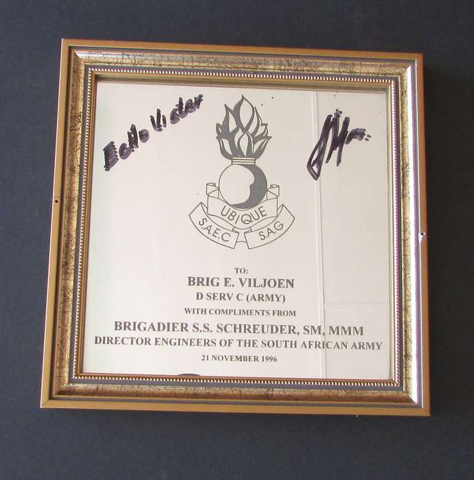 SADF - Engineers Plaque Owned and Signed by Brig Eddie Viljoen
