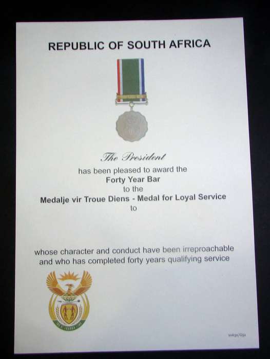 SANDF - 40 Year Loyal Service Medal Certificate
