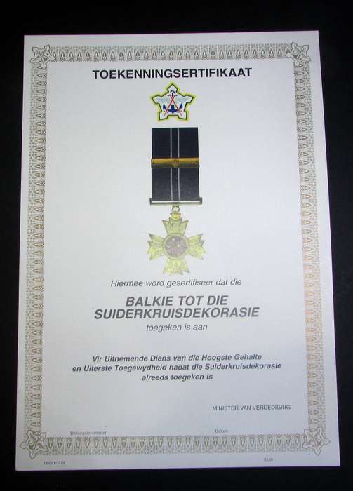 SADF - Southern Cross Decoration Bar Certificate - Afrikaans
