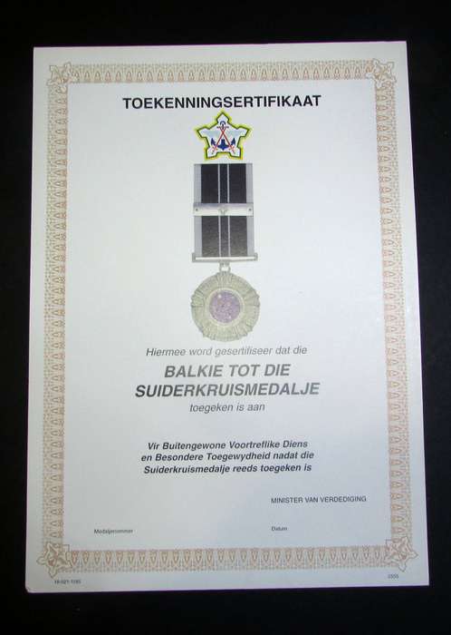 SADF - Southern Cross Medal Bar Certificate - Afrikaans