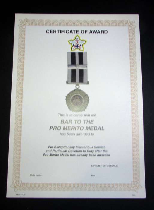SADF - Pro Merito Medal Bar Certificate - English