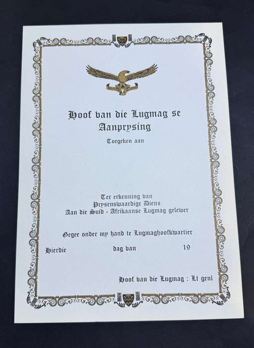 SADF - SAAF Hoor Van die Lugmag se Aanprysing Certificate ( Afrikaans )