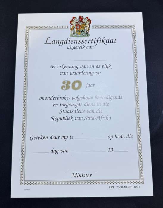 SADF - Lang Diens 30 Jaar Certificate ( Afrikaans )