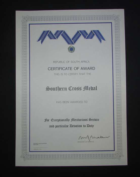 SADF - Southern Cross Medal Certificate - English