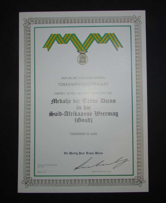 SADF - 30 Year Good Service Gold Medal Certificate - Afrikaans