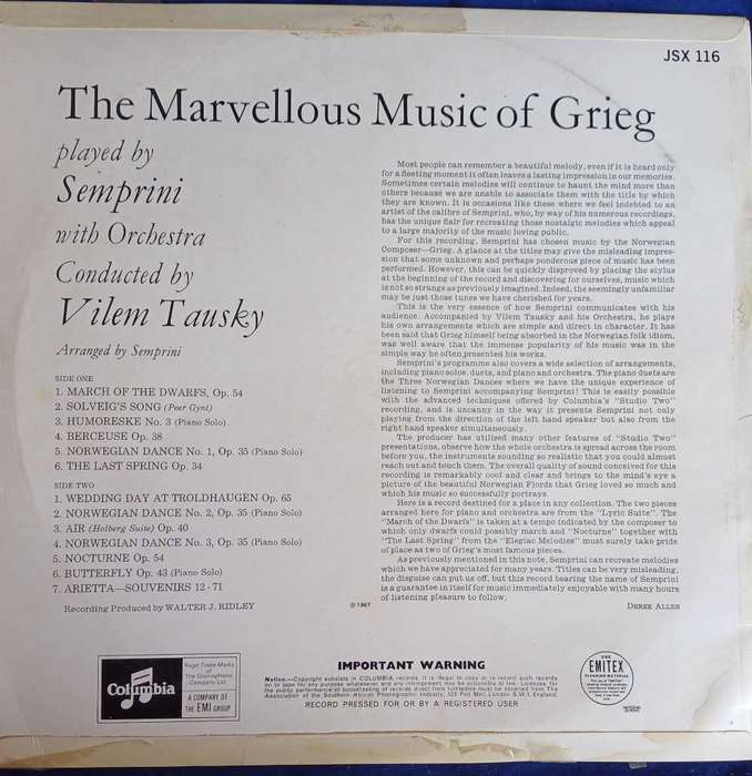 Semprini plays the marvellous music of Grieg LP