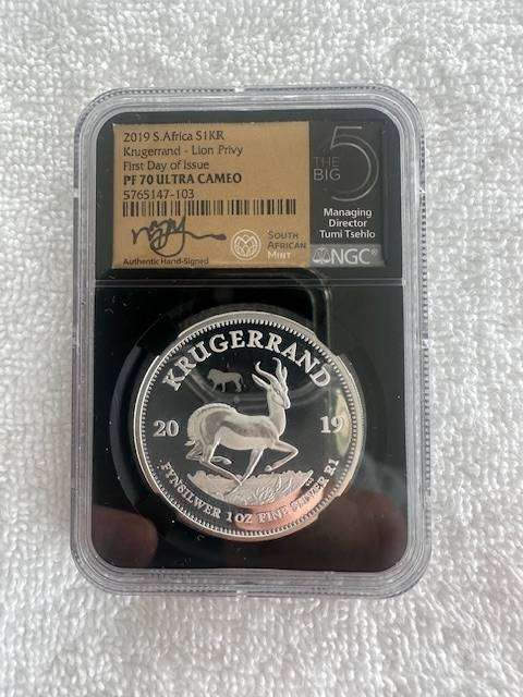 2019 SILVER KRUGERRAND 1oz NGC PF70 LION PRIVY SERIES 1 SIGNED BY TUMI