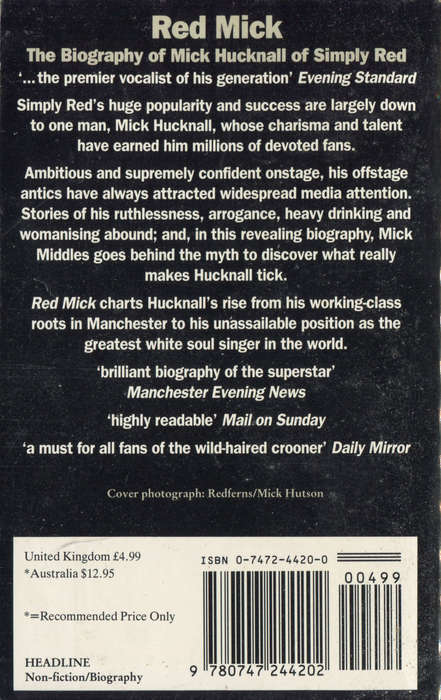 MICK HUCKNALL (SIMPLY RED) - Red Mick by Mick Middles - Paperback - New