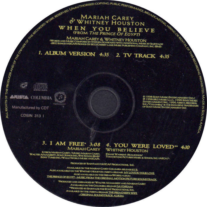 MARIAH CAREY WHITNEY HOUSTON - When You Believe - South African CD - CDSIN3131