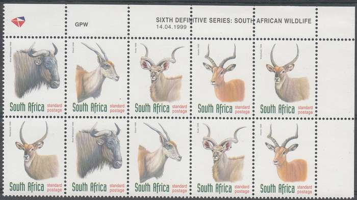 RSA 1998: 6th DEFINITIVE ISSUE ANTELOPES CONTROL STRIP OF 10 DATED 14-4-99 MNH (SACC 1089-1093)