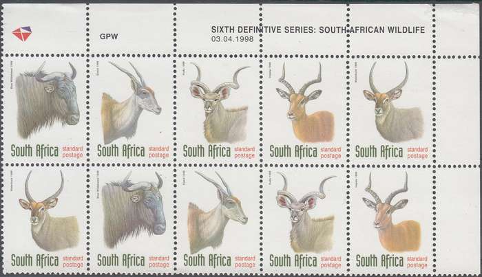 RSA 1998: 6th DEFINITIVE ISSUE ANTELOPES CONTROL STRIP OF 10 DATED 3-4-98 MNH (SACC 1089-1093)