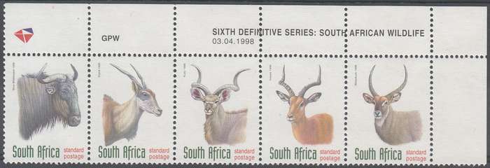 RSA 1998: 6th DEFINITIVE ISSUE ANTELOPES CONTROL STRIP OF 5 DATED 3-4-98 MNH (SACC 1089-1093)