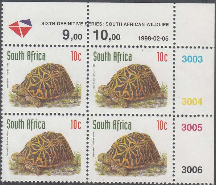 RSA 1998 REDRAWN 6th DEFINITIVE THREATENED FAUNA 10c CONTROL BLOCK MNH (SACC 1157)