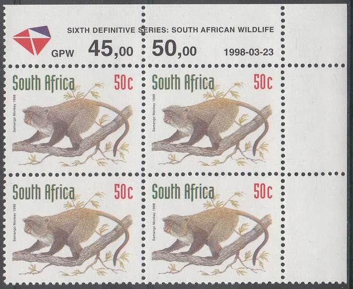 RSA 1998 REDRAWN 6th DEFINITIVE THREATENED FAUNA 50c CONTROL BLOCK MNH (SACC 1161)