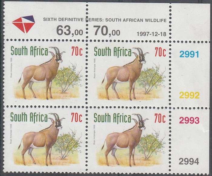 RSA 2000 REDRAWN 6th DEFINITIVE THREATENED FAUNA 70c MNH CONTROL BLOCK DATED 18-12-97 (SACC1163)