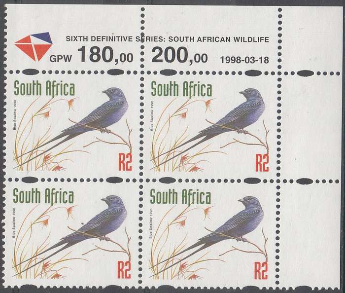RSA 1998 REDRAWN 6th DEFINITIVE THREATENED FAUNA R2 MNH CONTROL BLOCK DATED 18/3/1998 (SACC1167)