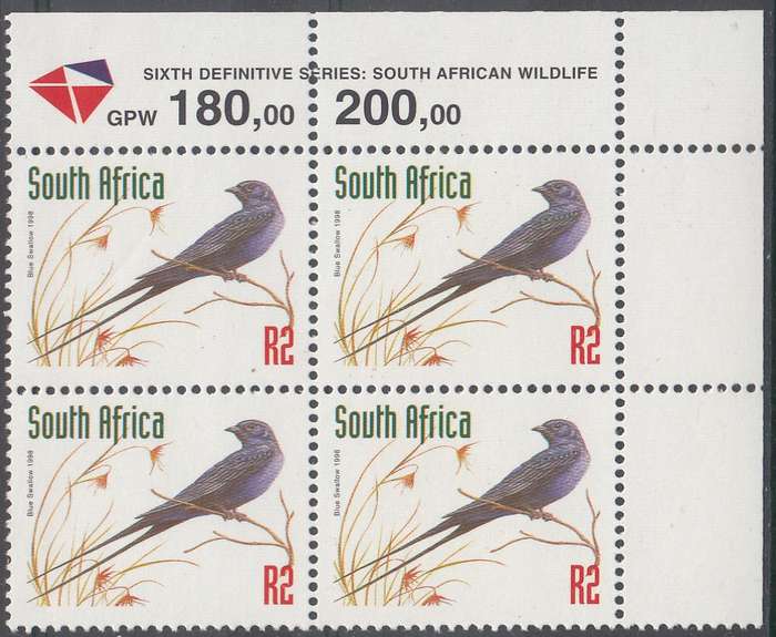 RSA 1999 REDRAWN 6th DEFINITIVE THREATENED FAUNA R2 MNH CONTROL BLOCK (NO DATE) (SACC1167a)