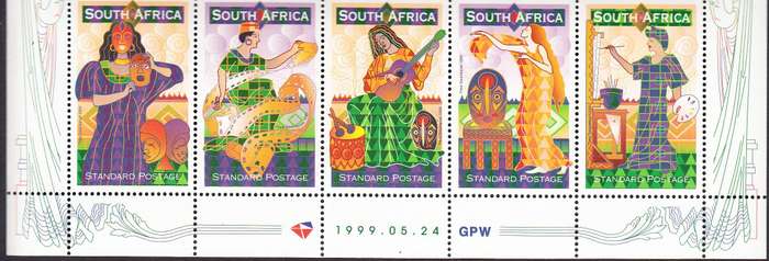 RSA 1999: 25th ANNIV. OF THE STANDARD BANK NATIONAL ARTS SETINENT STRIP OF 5 MNH (SACC 1209-1213)