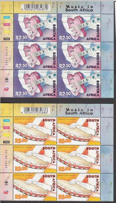 RSA 2001: CELEBRATION OF MUSIC IN SA CONTROL BLOCKS OF 6 FULL SET OF 5 MNH (SACC1434-1438)