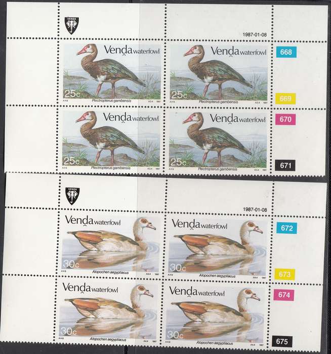 VENDA 1987: WATERFOWL FULL SET CONTROL BLOCKS OF 4 MNH (SACC 151-154)
