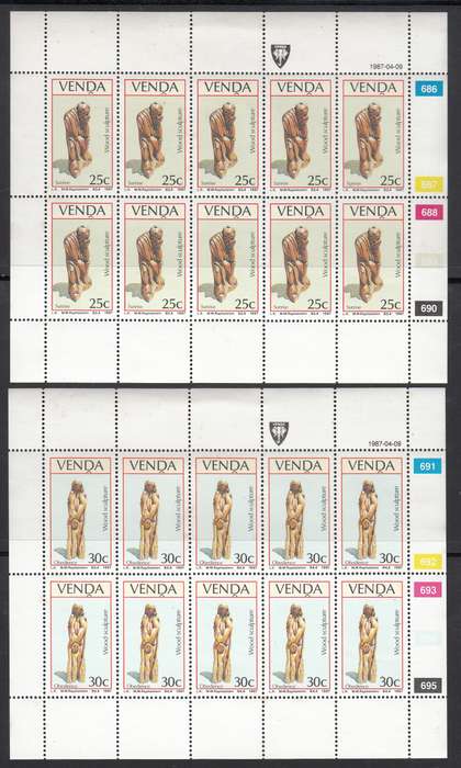 VENDA 1987: W00D SCULPTURES FULL SET OF SHEETS OF 10 MNH (SACC 151-154)